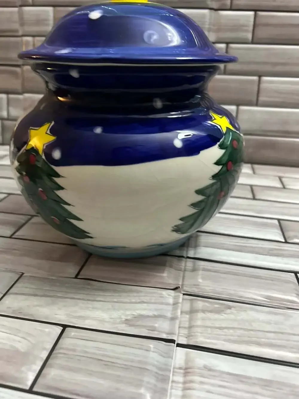 VINTAGE Hand-Painted Ceramic Christmas Village & Trees Canister Jar with Lid